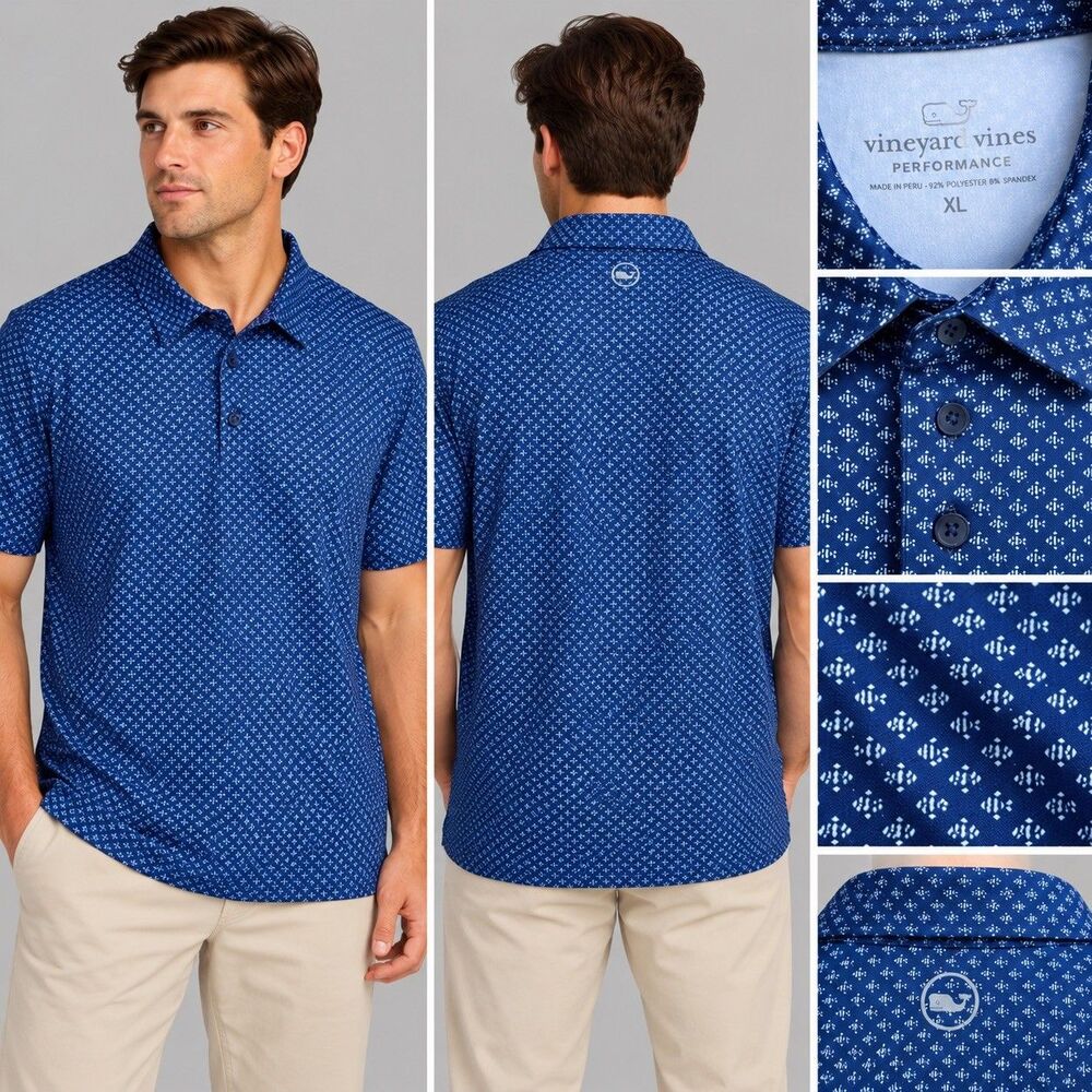 Vineyard Vines Performance Polo Shirt Men's XL Blue White Geometric Whale Golf